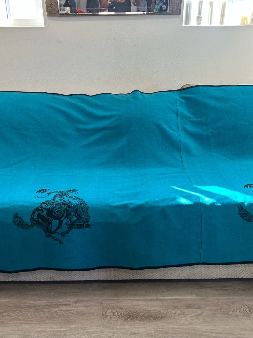 Vintage turquoise woven wool cowboy western blanket.Blue/black 90in x 60in